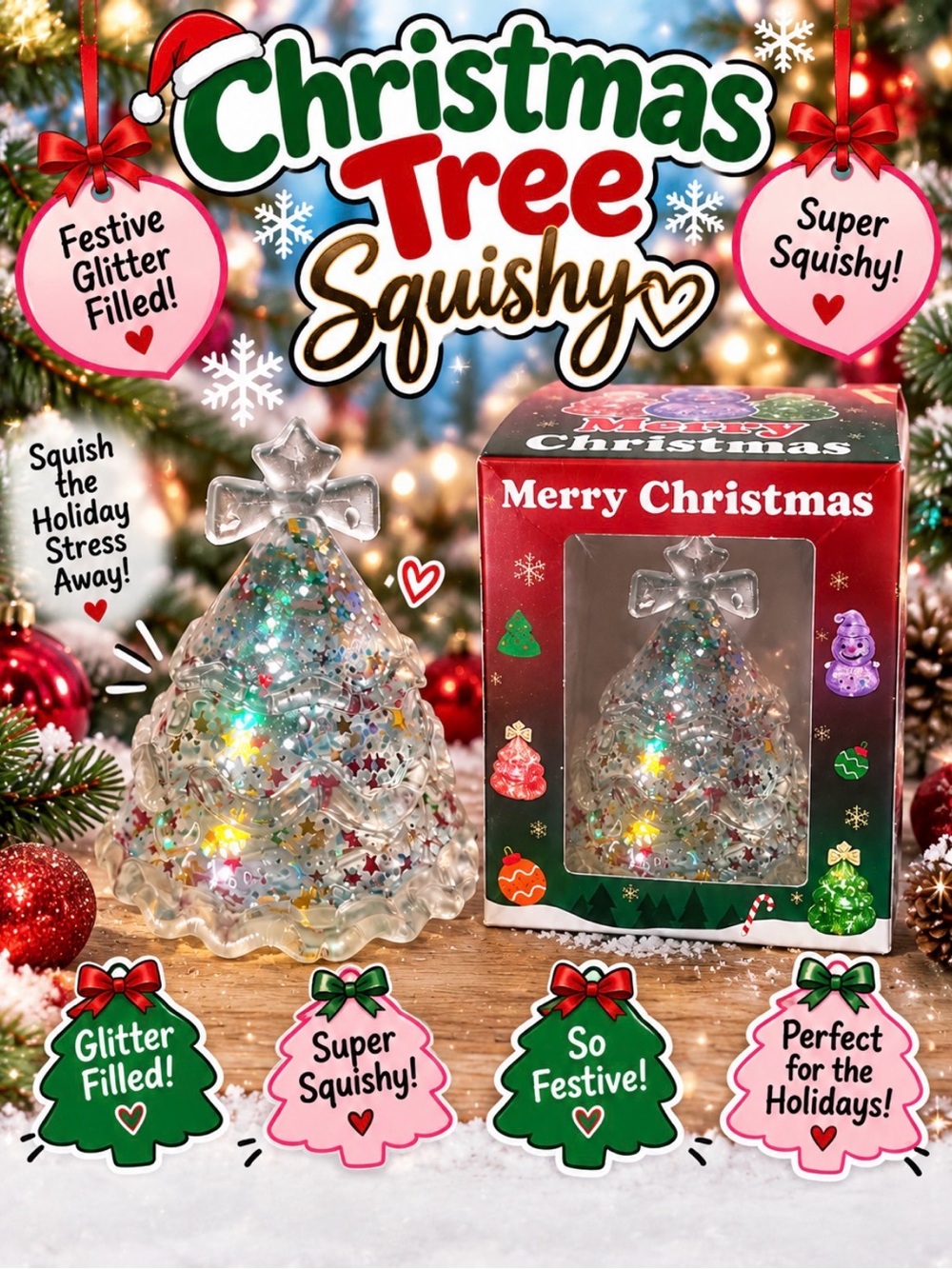 Christmas Tree Squishy Glitter-Filled Holiday Stress Relief Toy - Clear